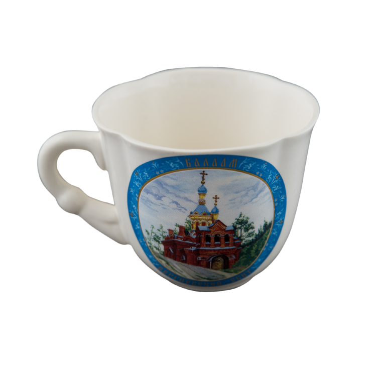 Чашка "Волна" кофейная (бел., вид цветной Валаам+орнамент, Сергиевский скит)