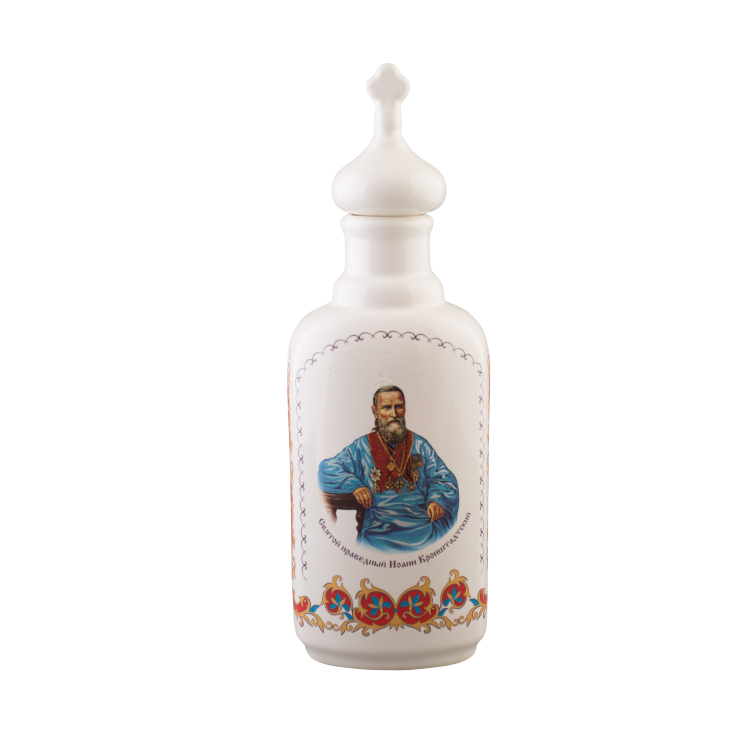 Сосуд "Святая вода" плоский (бел., красный орнамент + портрет, крест, Св. Прав. Иоанн Кронштадтский)