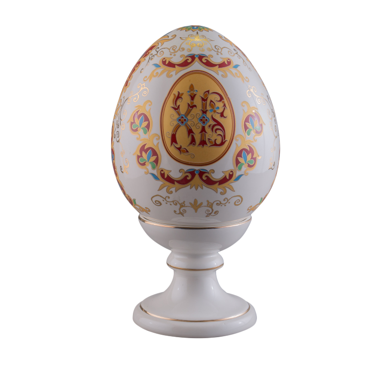 Сувенир яйцо пасхальное большое новое (бел., красный орнамент, роспись + отводка золотом)