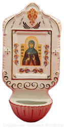 Киот подвесной средний (бел., красный орнамент, крест, икона, роспись золотом, Св. Мария Гатчинская)