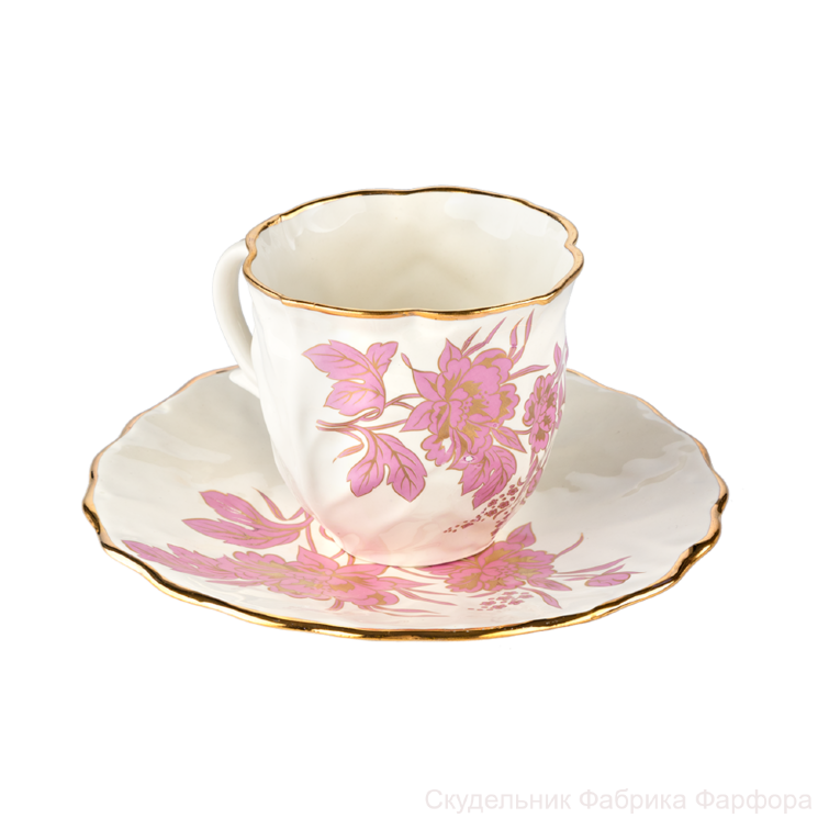 Чайная пара "Капуста" (бел., розовый василёк, отводка золотом)