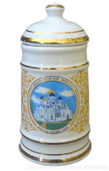 Кружка с крышкой малая (бел., вид цветной, орнамент, отводка золотом, Николо-Угрешский монастырь)