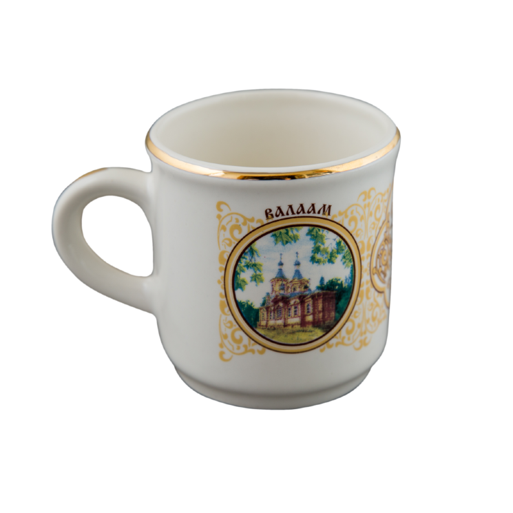 Чашка кофейная (бел., вид цветной Валаам+орнамент, отводка золотом, Скиты)