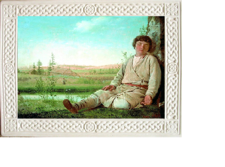 Картина с орнаментом (бисквит, вид цветной, Спящий пастушок А.Г. Венецианов)