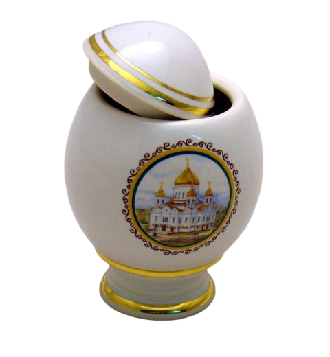 Шкатулка "Яйцо" на ножке (бел., вид цветной,Храм Христа Спасителя, отводка золотом)