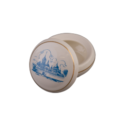 Шкатулка круглая (бел., вид синий, отводка золотом, Покровский монастырь)