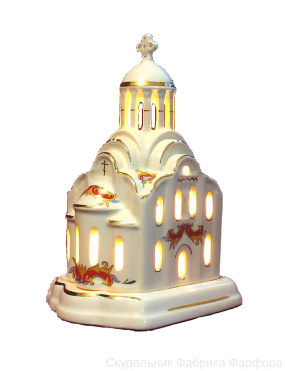 Сувенир"Храм-лампада" малый (бел., Красный орнамент цв., отводка золотом)